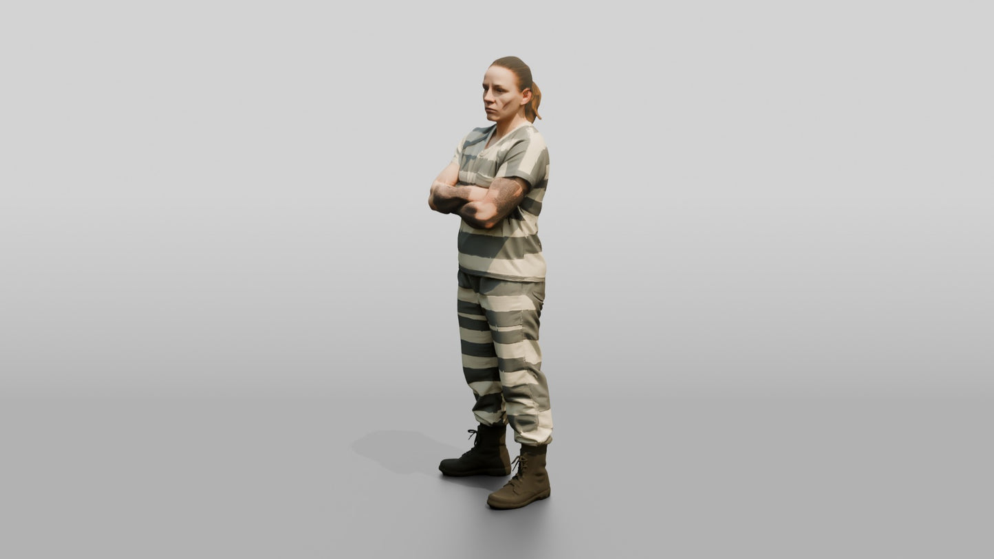 Caucasian Female Prisoner in a Grey-white Striped Uniform