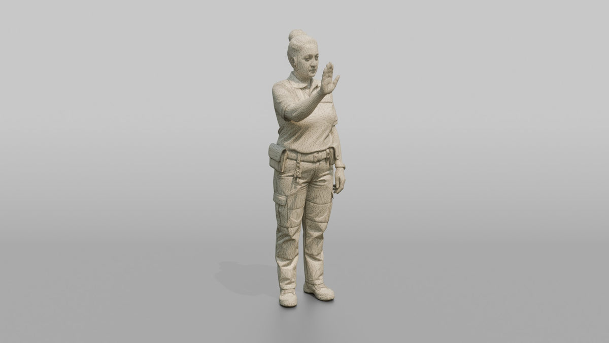 Door Staff Woman Holding A Hand Up In A Stop Gesture - wireframe topology preview