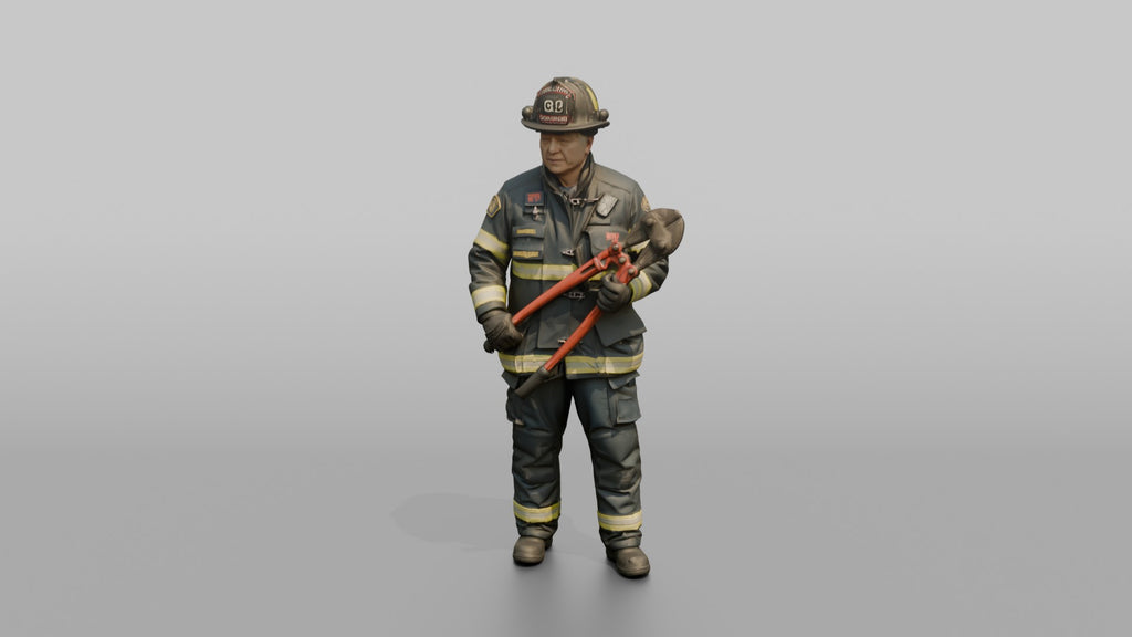 Firefighter Man Standing Ready While Holding a Heavy Bolt Cutter