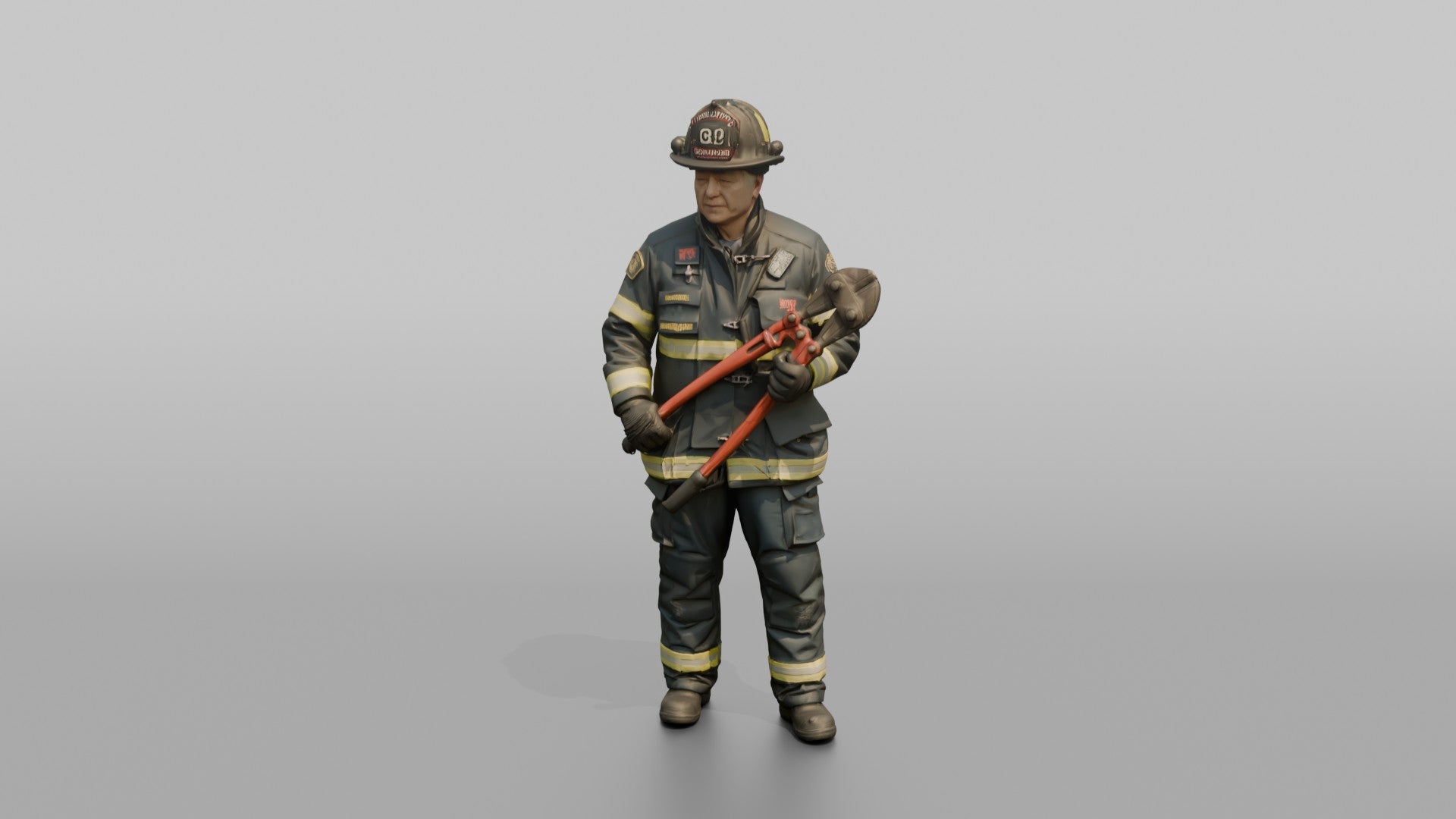 Firefighter Man Standing Ready While Holding a Heavy Bolt Cutter