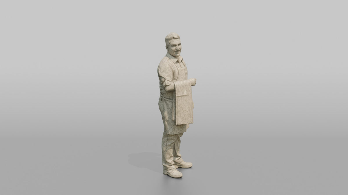 Server Man Draping A Table Cloth Over One Arm - wireframe topology preview