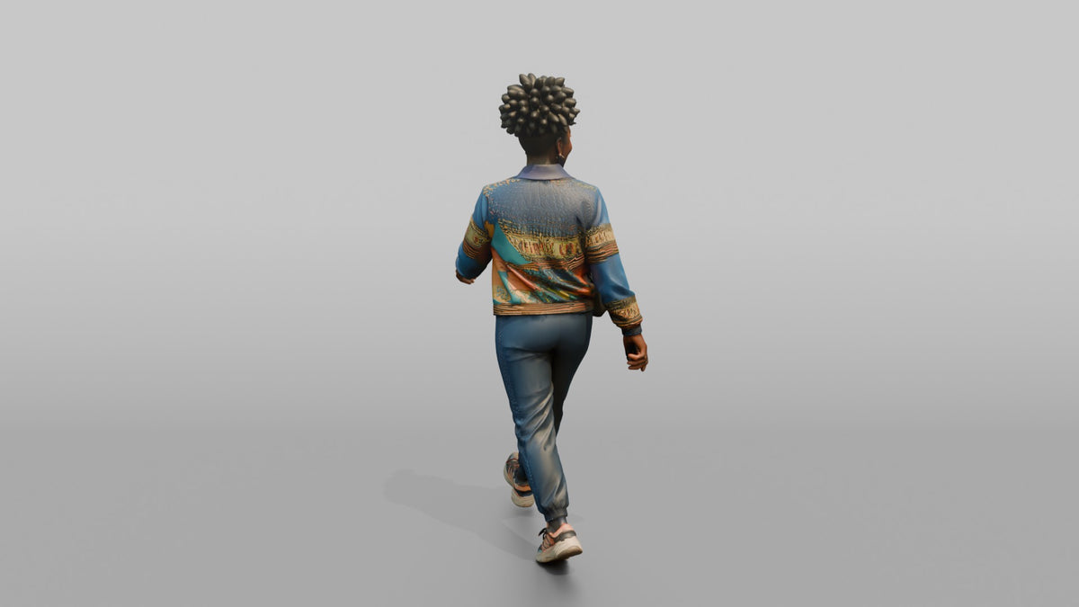 African Woman in Ankara Bomber Jacket Walking - 3D character model, view 3