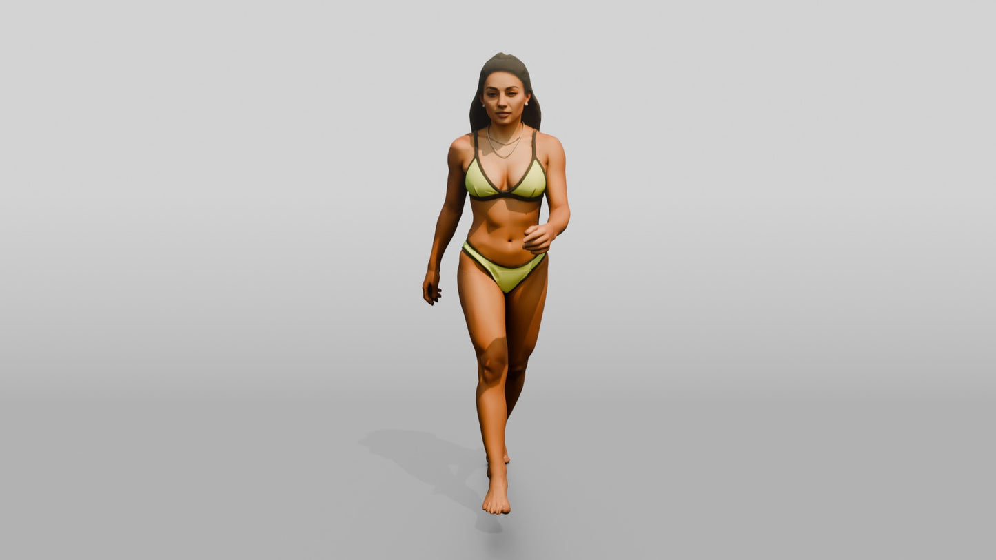 Latina Woman in Neon Yellow Bikini Beach Stride