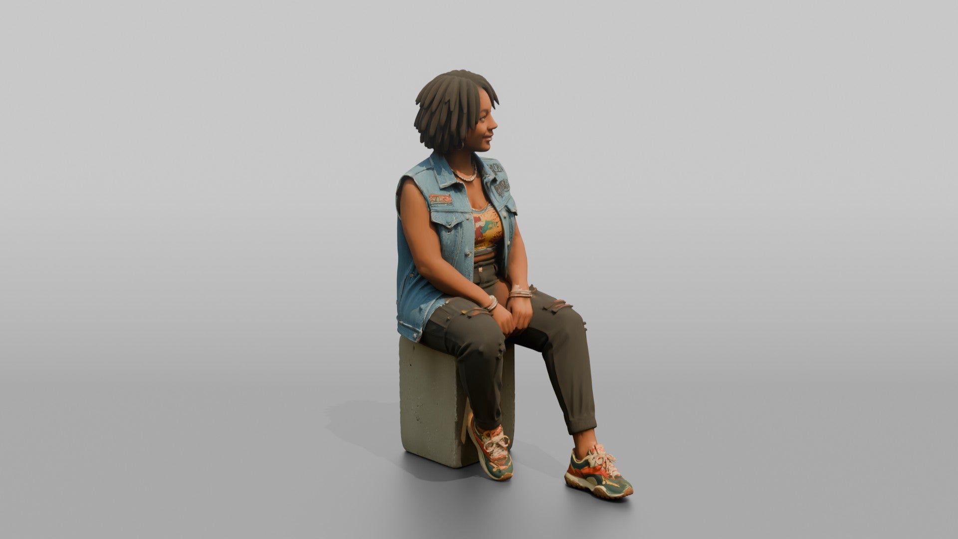 African Woman in Denim Vest Sitting on Concrete Block