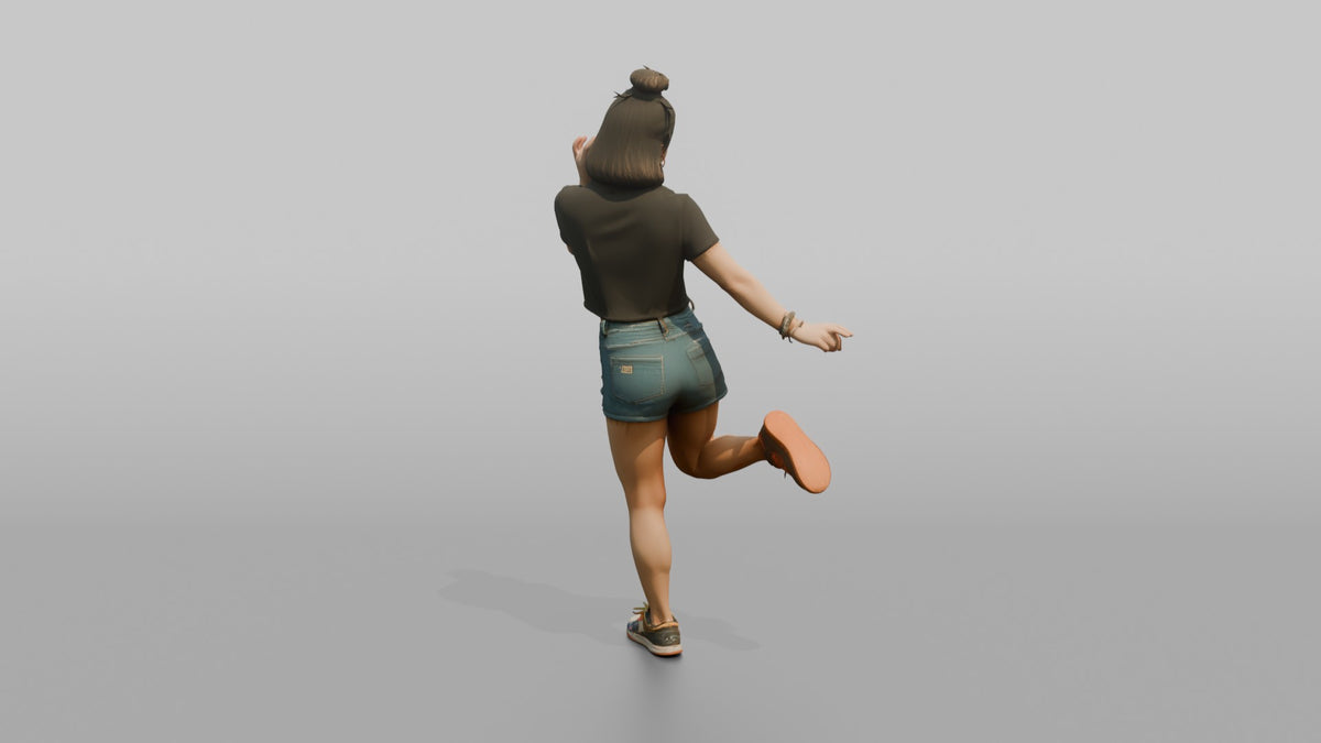 Patron Woman Striking A Playful Pose In Mismatched Colorful Sneakers - 3D character model, view 3