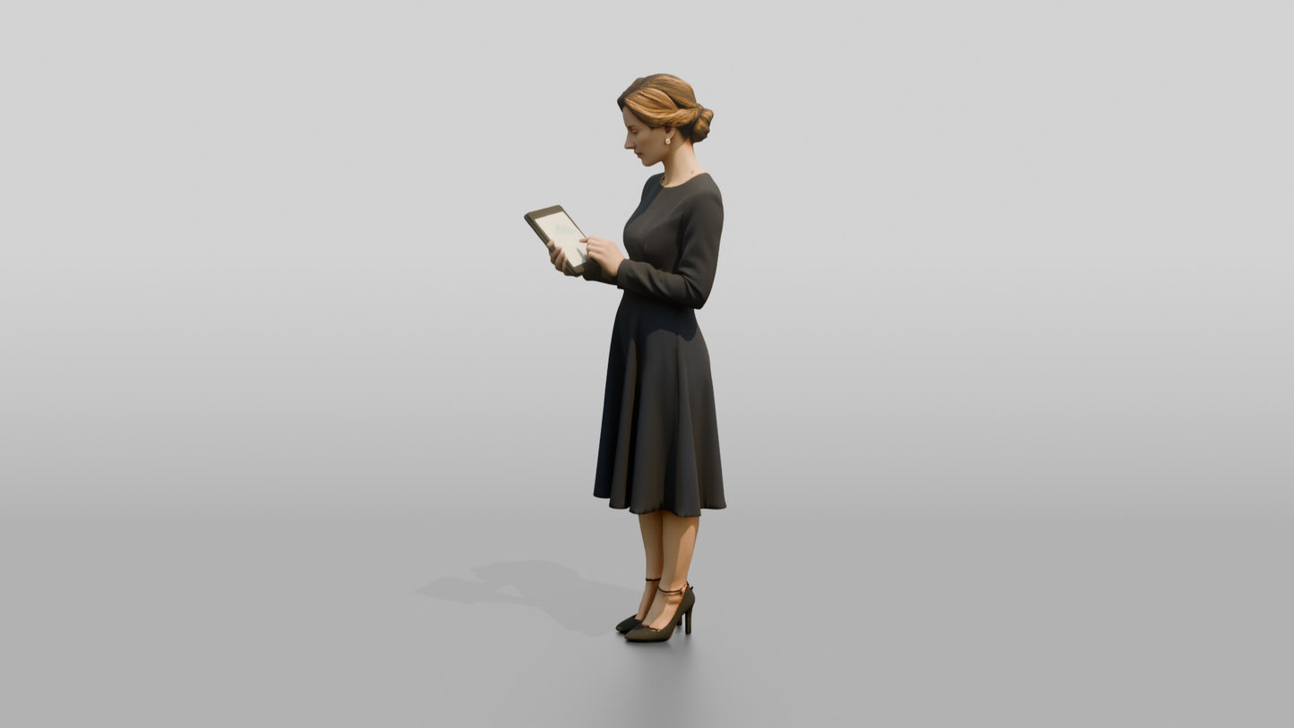 Woman Holding a Tablet in a Navy Dress