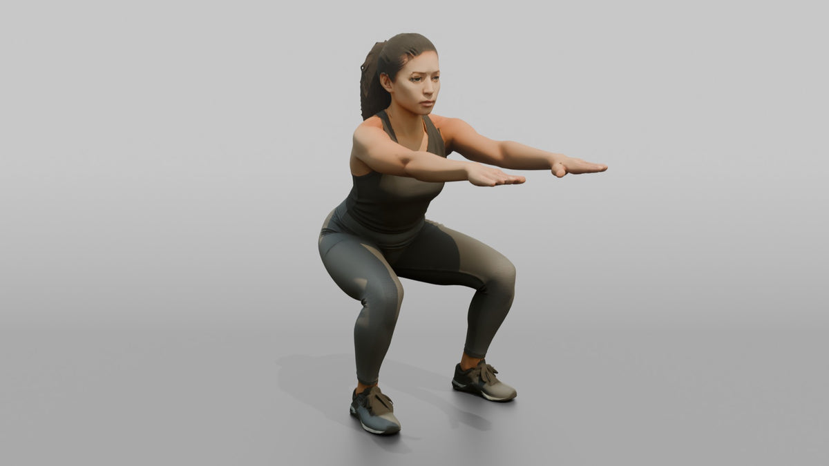 Bodyweight Athlete Woman Doing A Bodyweight Squat, Arms Extended Forward - 3D character model, view 2