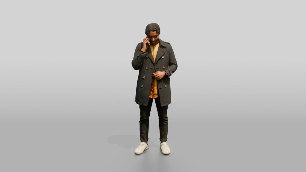 Stylish African Man in a Trench Coat on His Phone