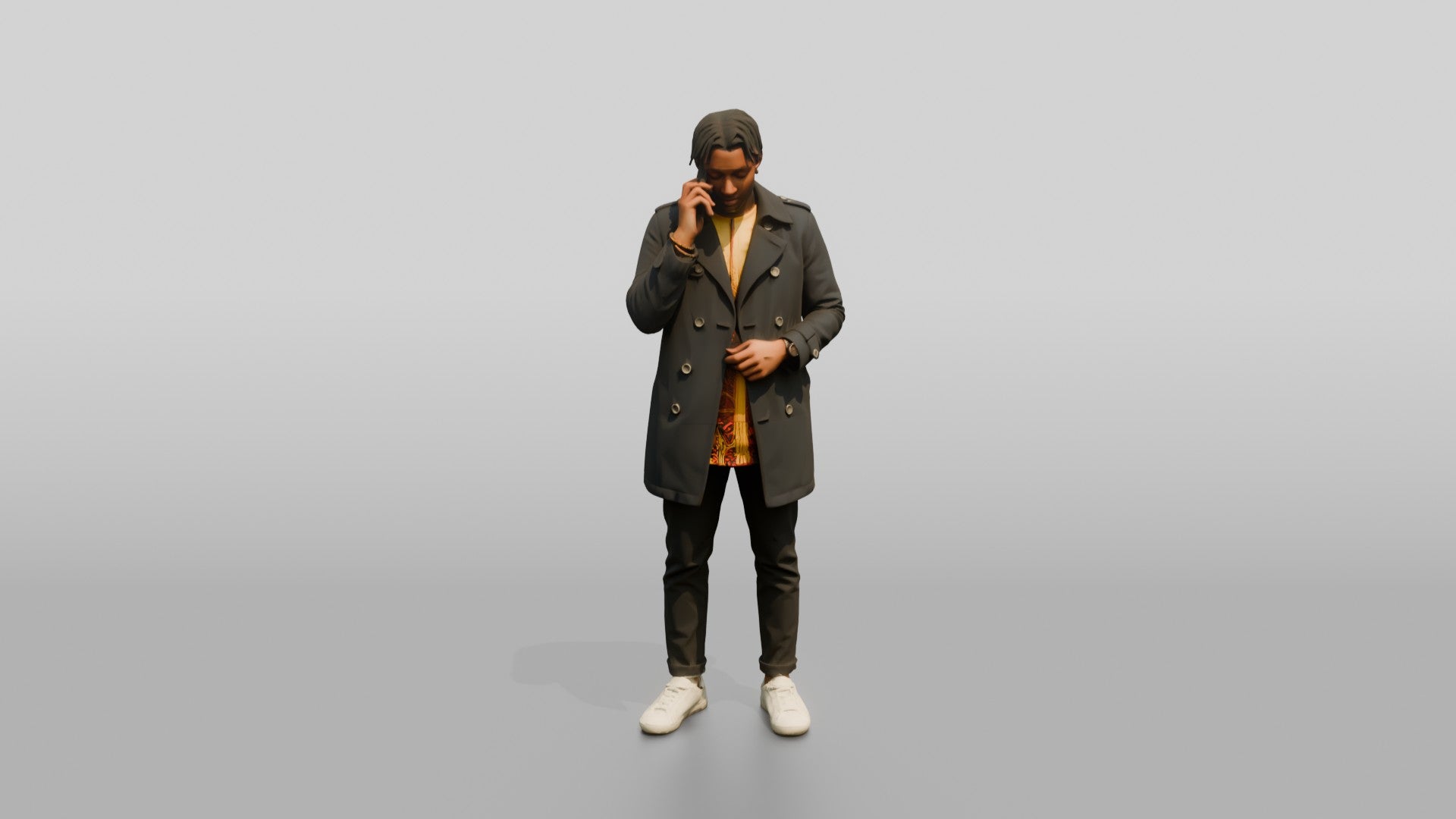 Stylish African Man in a Trench Coat on His Phone