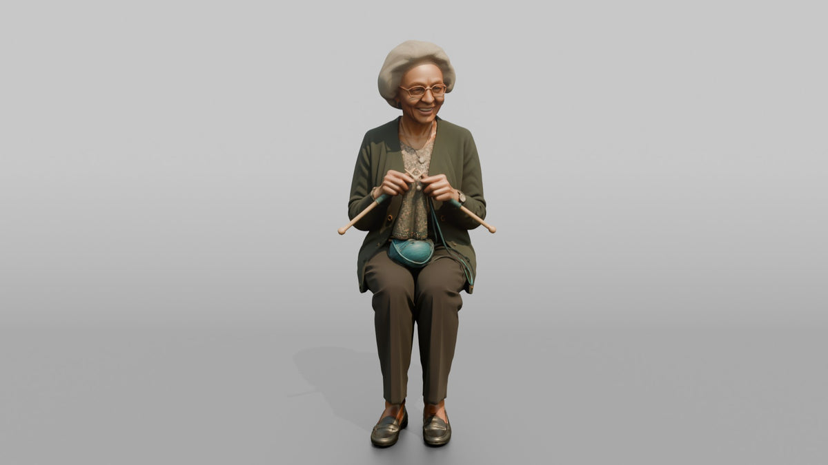 Grandmother Holding A Pair Of Knitting Needles And Yarn - 3D character model, view 5