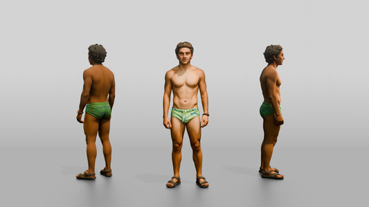 Mestizo Man in Yellow Patterned Swim Brief Pose