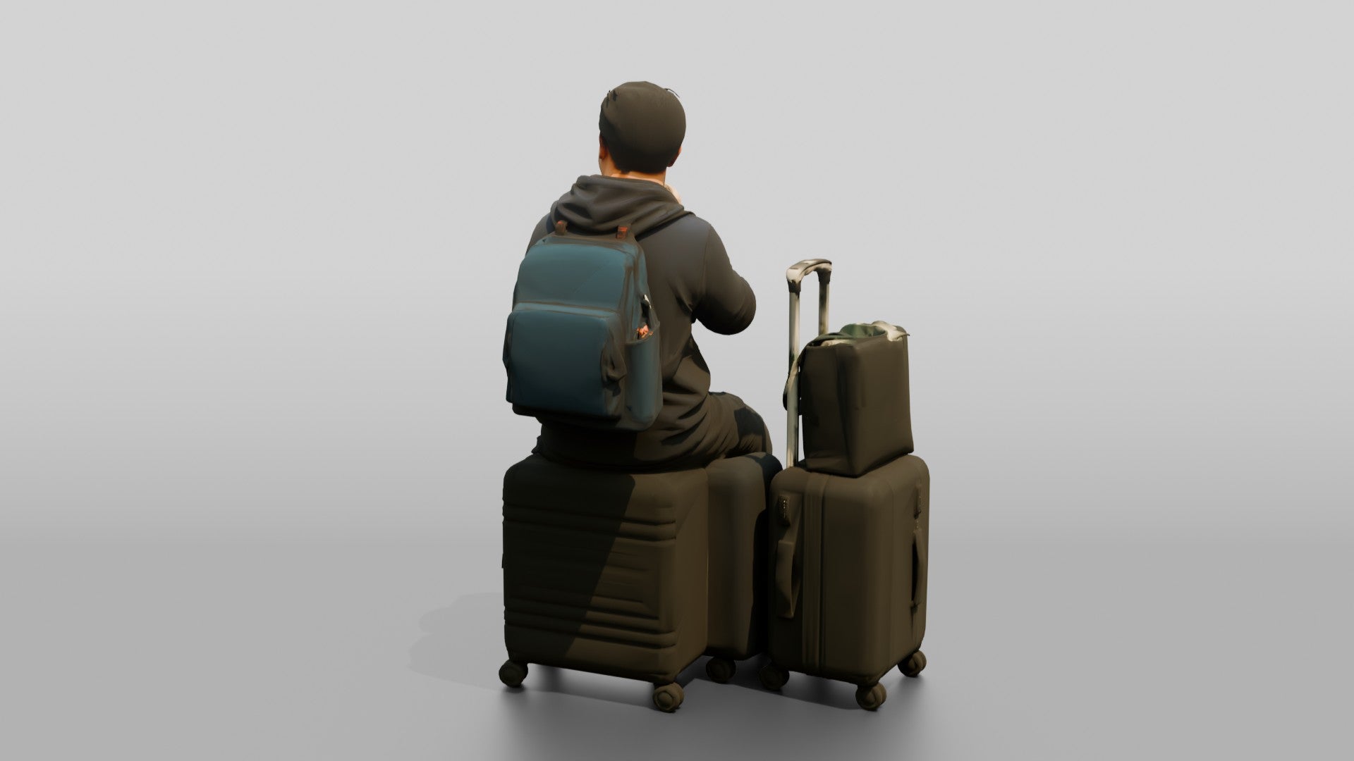 Plus-Size Asian Man Seated on Suitcase Drinking Bubble Tea