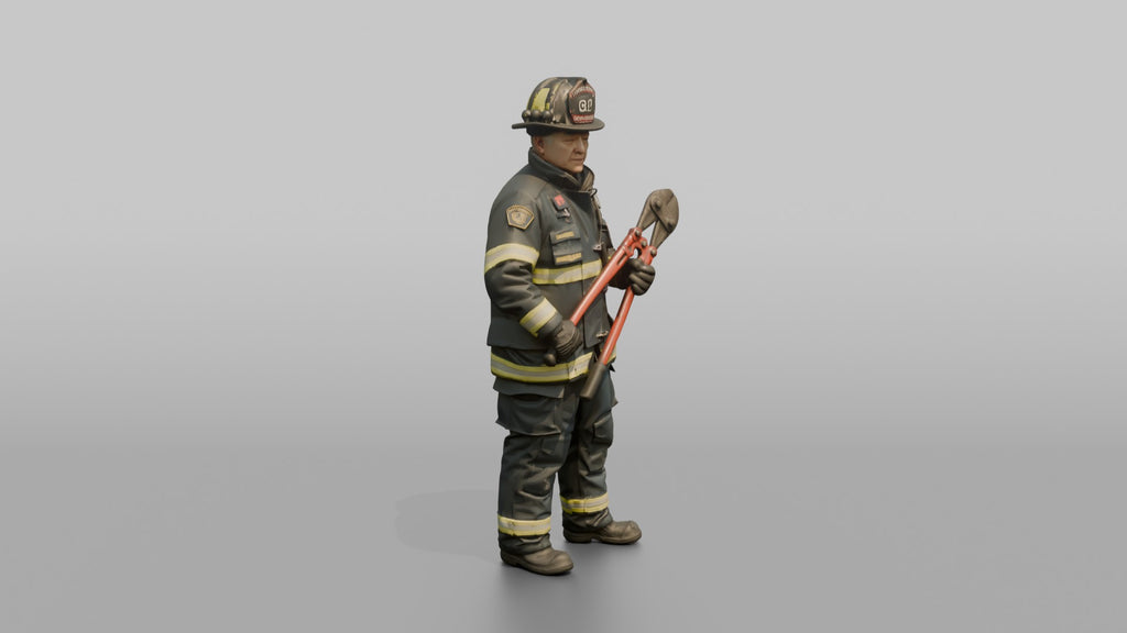 Firefighter Man Standing Ready While Holding a Heavy Bolt Cutter