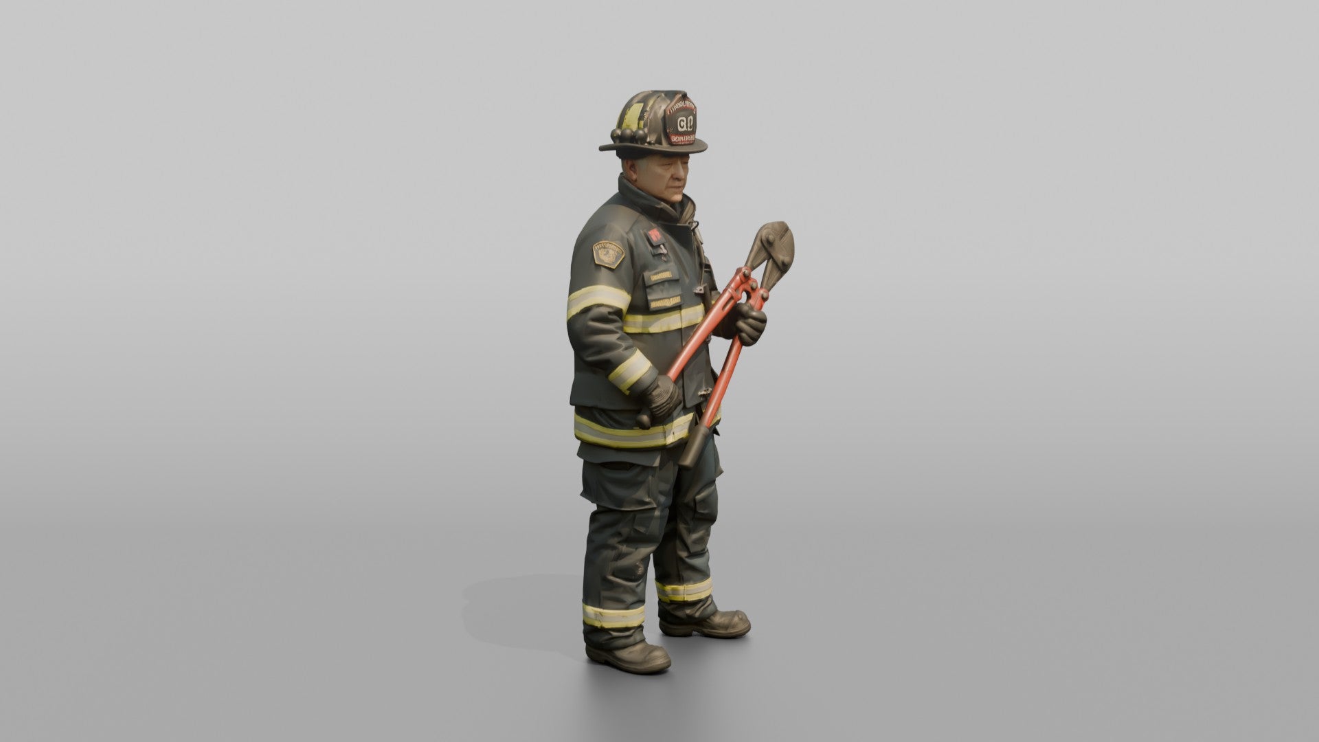 Firefighter Man Standing Ready While Holding a Heavy Bolt Cutter