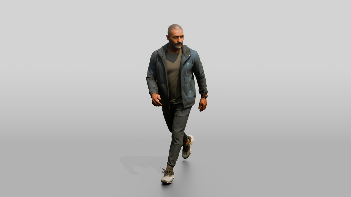 Black Man in Navy Windbreaker Walking Quickly