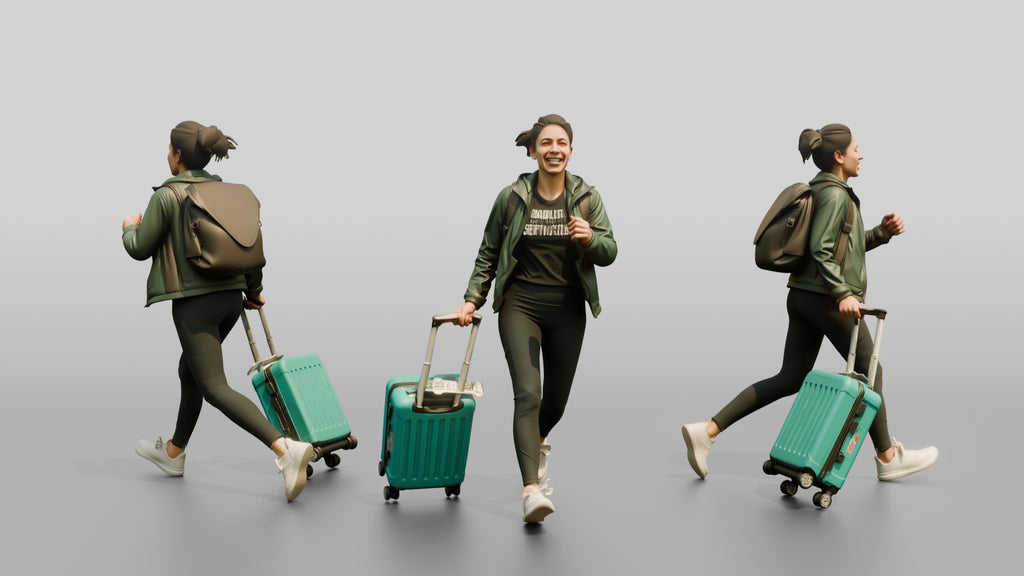 Woman Running Through Airport with Teal Suitcase and Backpack