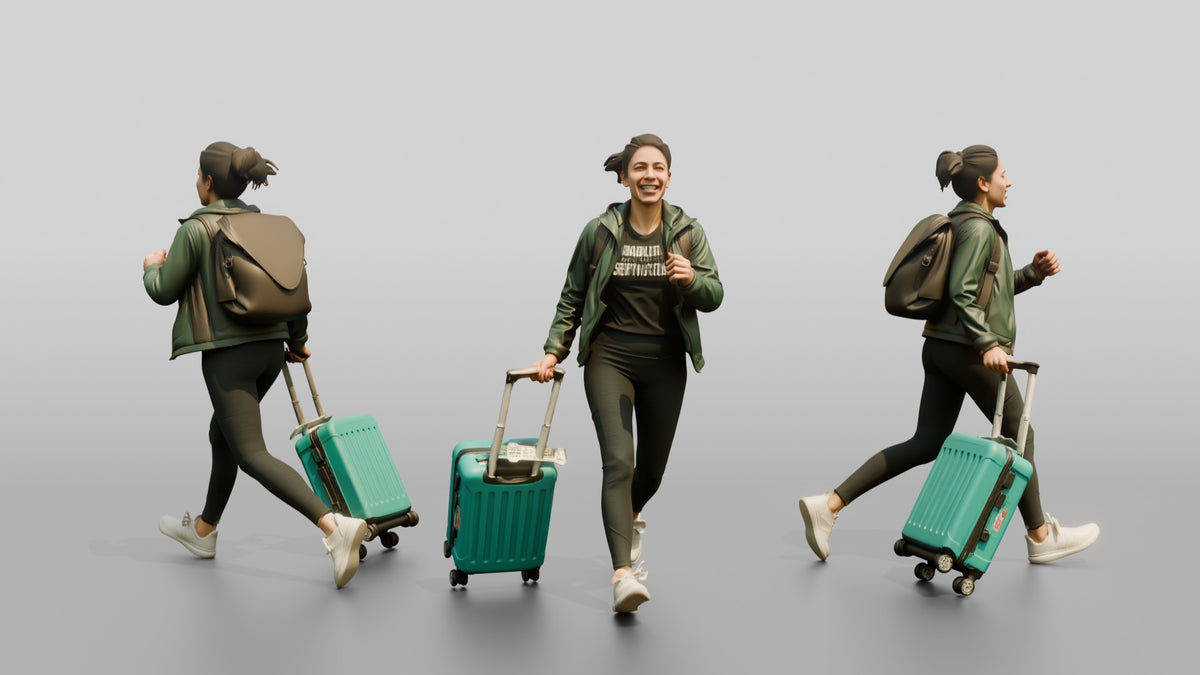 Woman Running Through Airport with Teal Suitcase and Backpack - 3D character model
