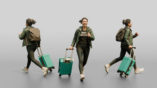 Woman Running Through Airport with Teal Suitcase and Backpack