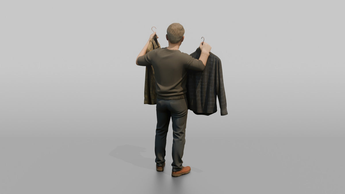 Man Customer Holding Two Shirts Up For Comparison - 3D character model, view 3