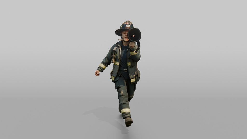 Firefighter Woman Running While Holding a Portable Megaphone