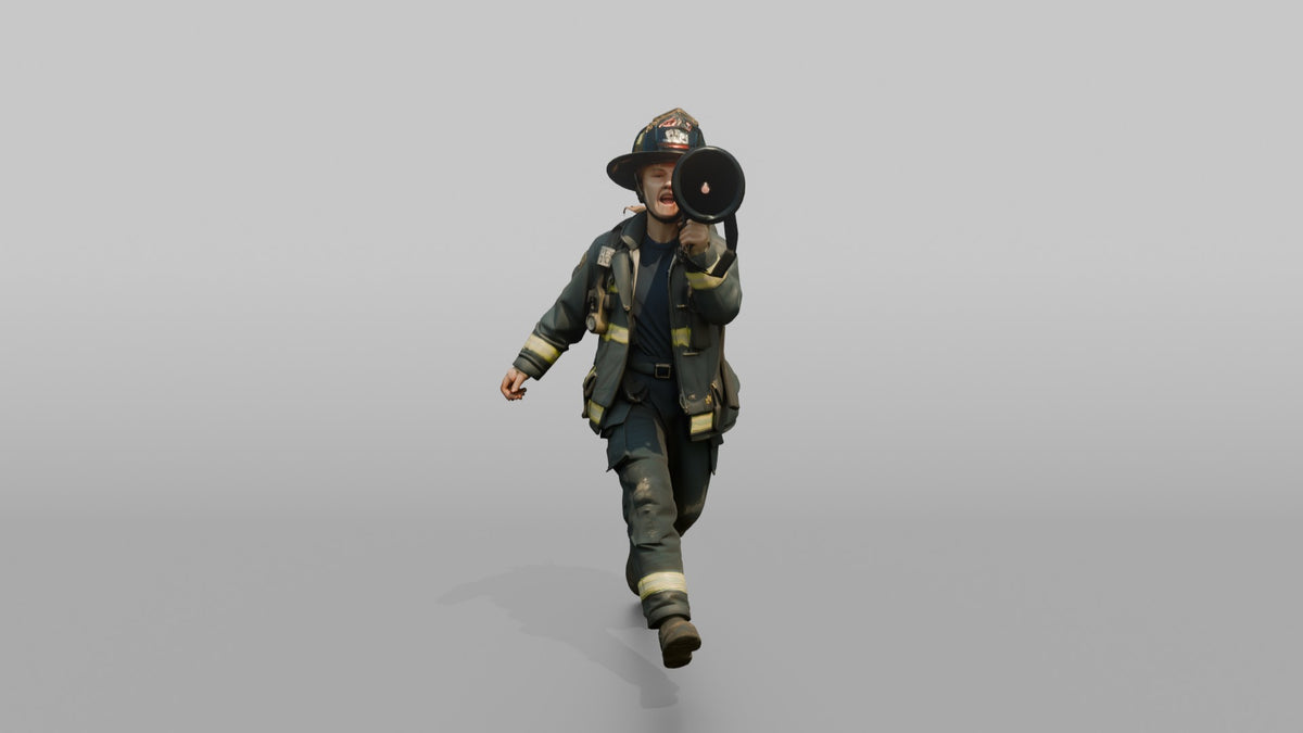 Firefighter Woman Running While Holding a Portable Megaphone - 3D character model, view 4