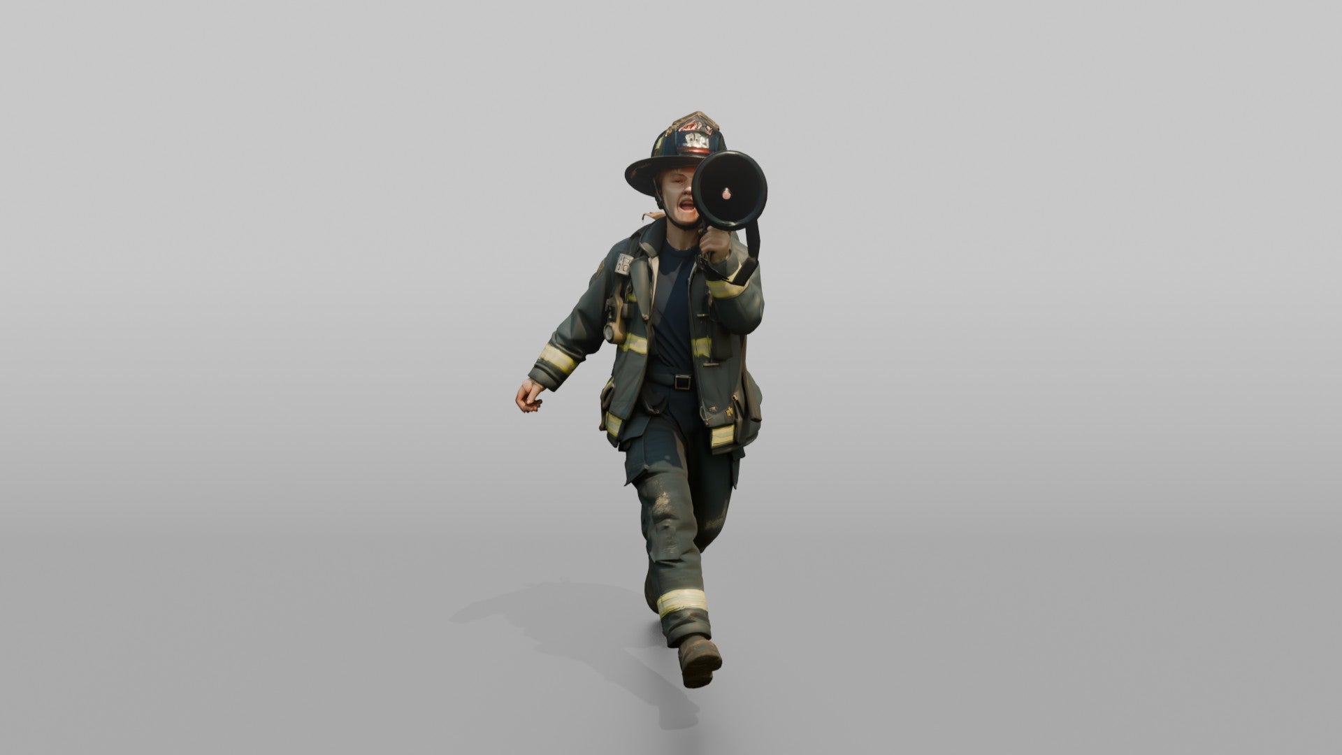 Firefighter Woman Running While Holding a Portable Megaphone