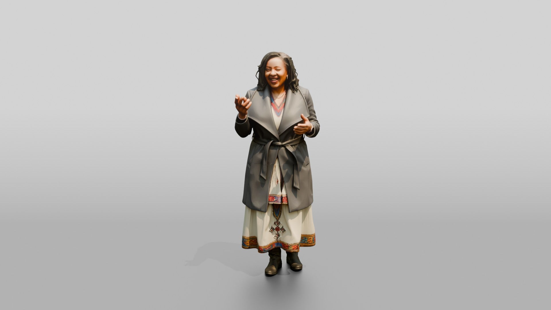 Plus-Size African Woman Laughing in a Wrap Coat