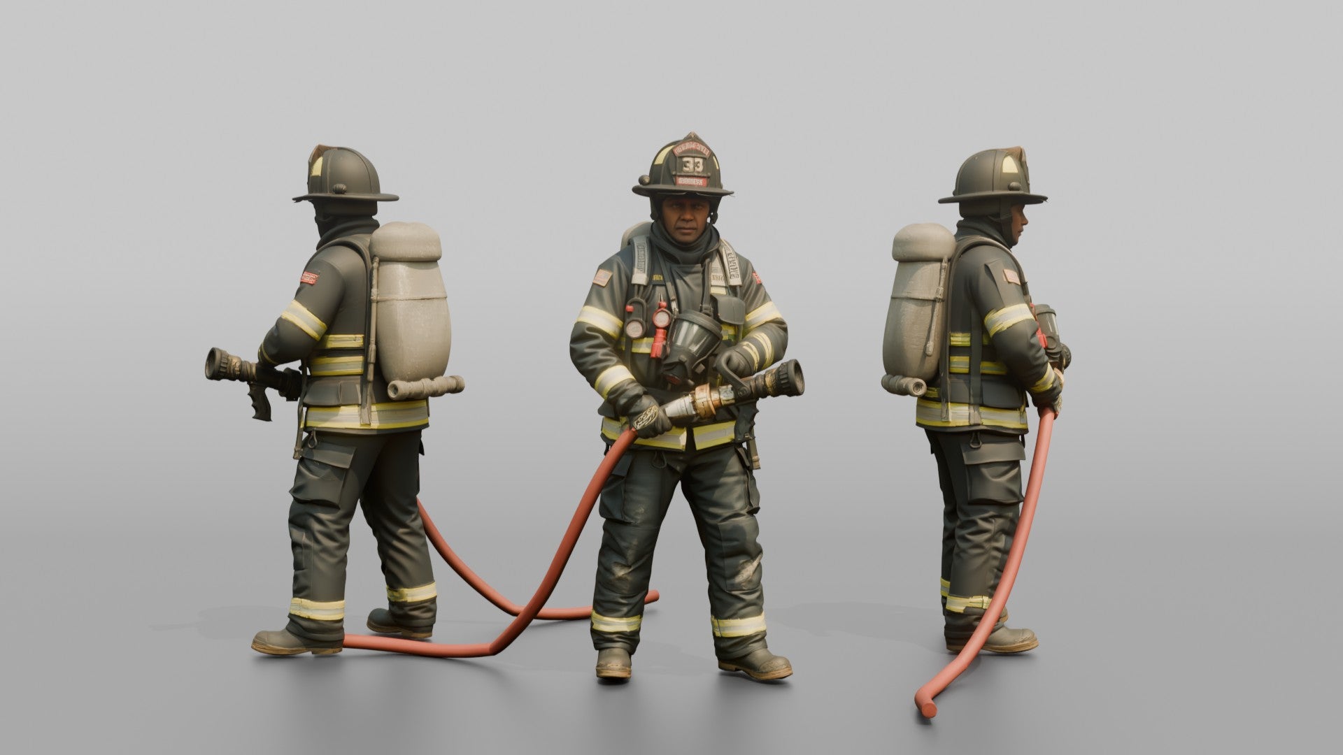 Firefighter Man Holding a High-pressure Water Fog Nozzle