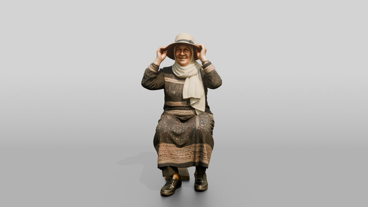 Stocky Elderly Syrian Woman in Hijab on a Bench - 3D character model, view 5