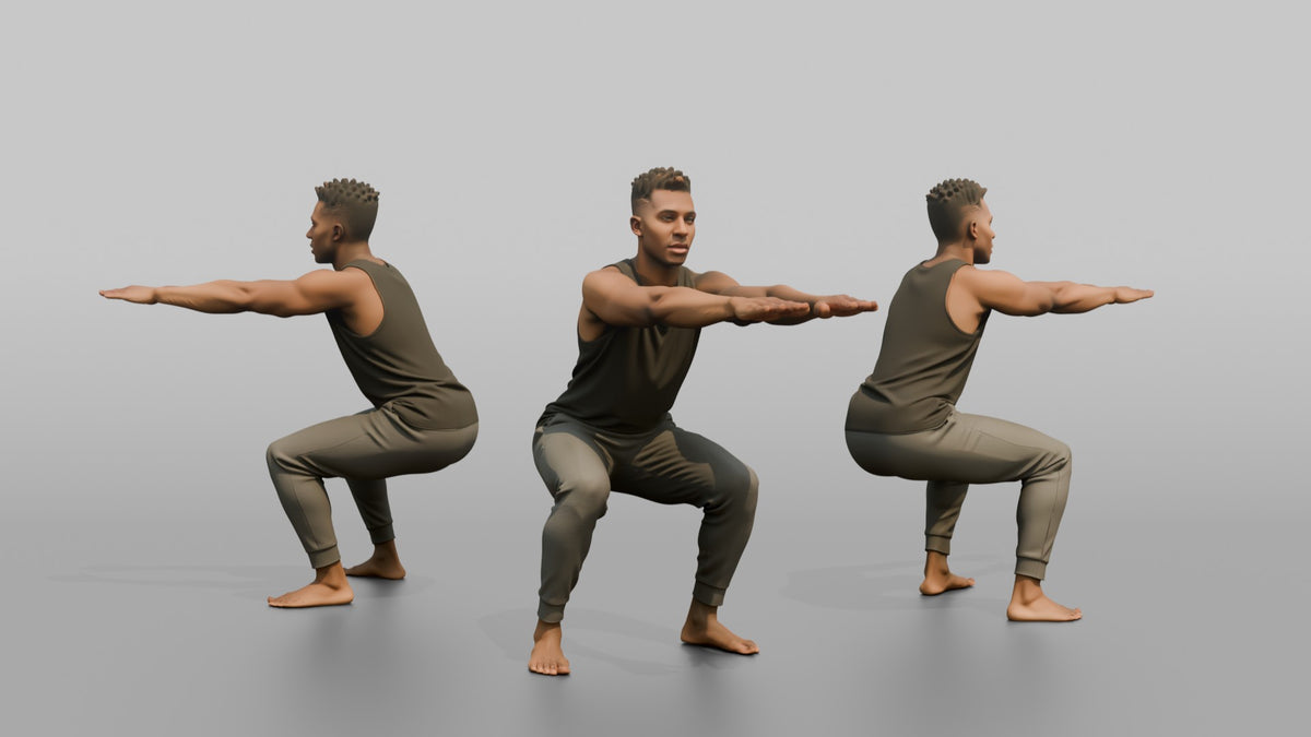Fitness Influencer Man Doing A Bodyweight Squat, Arms Extended Forward - 3D character model, view 1
