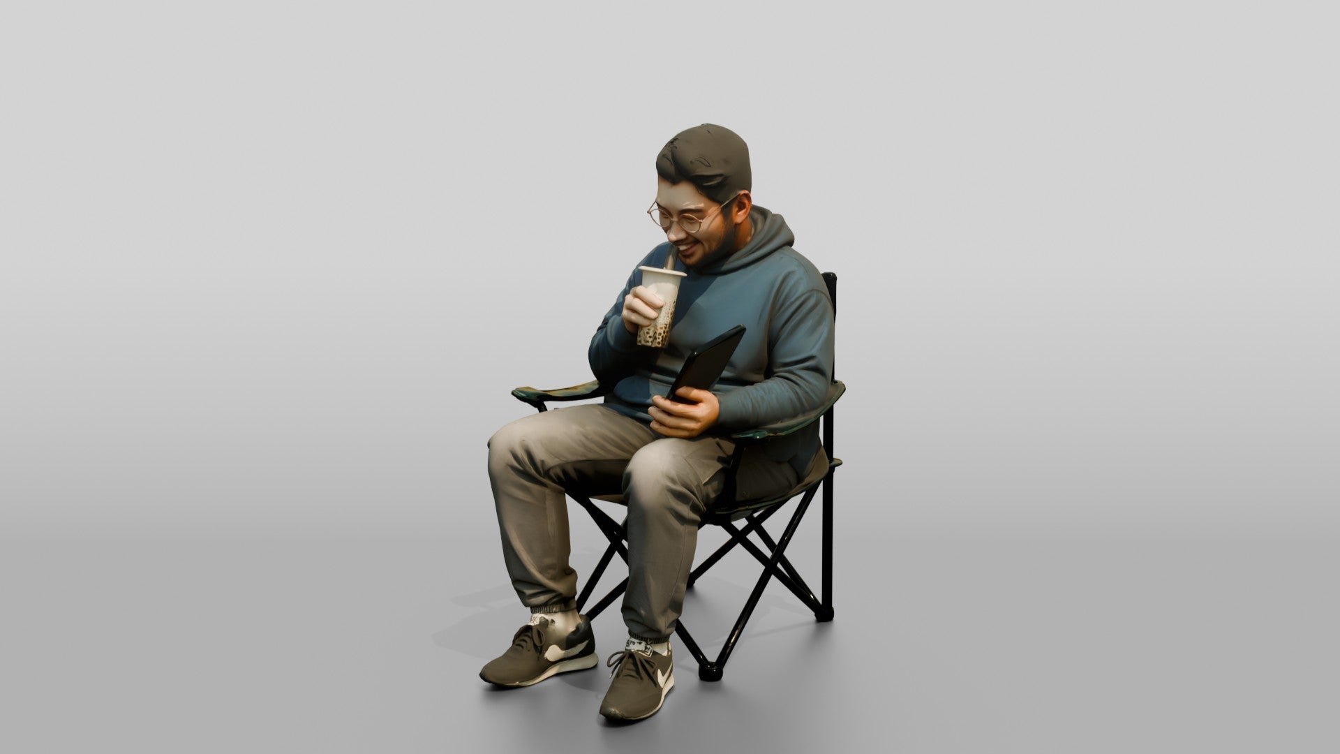 Chinese Man Relaxing with Bubble Tea and Tablet