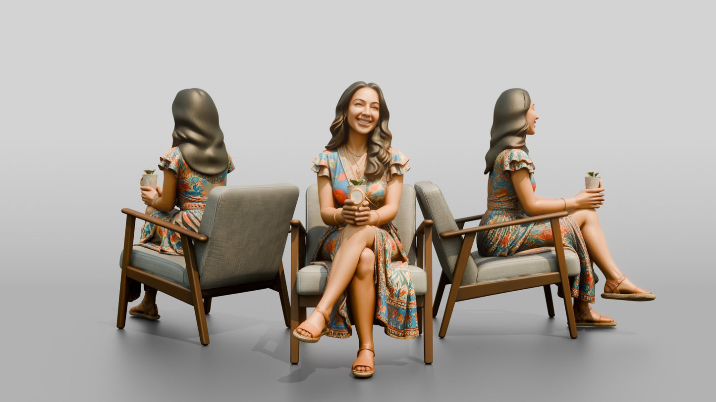 Latina Woman in Wrap Dress with Cold Drink
