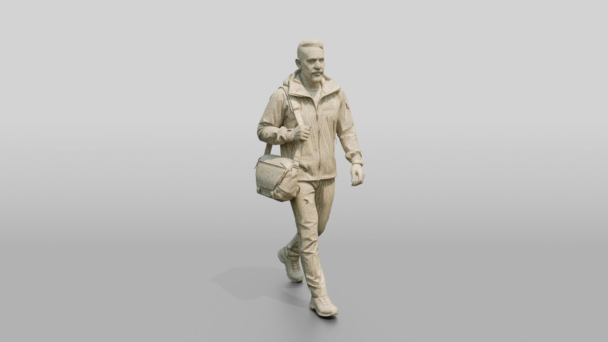 Middle Eastern Man Walking Briskly in Rain Jacket - wireframe topology preview
