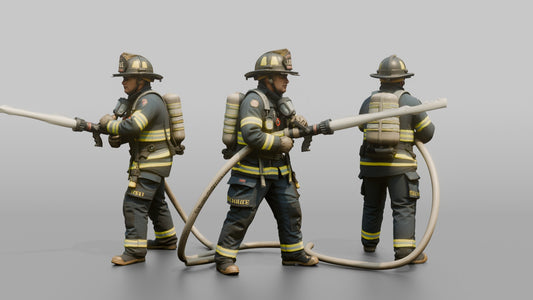 Firefighter Man Directing High-pressure Stream with Hose Nozzle