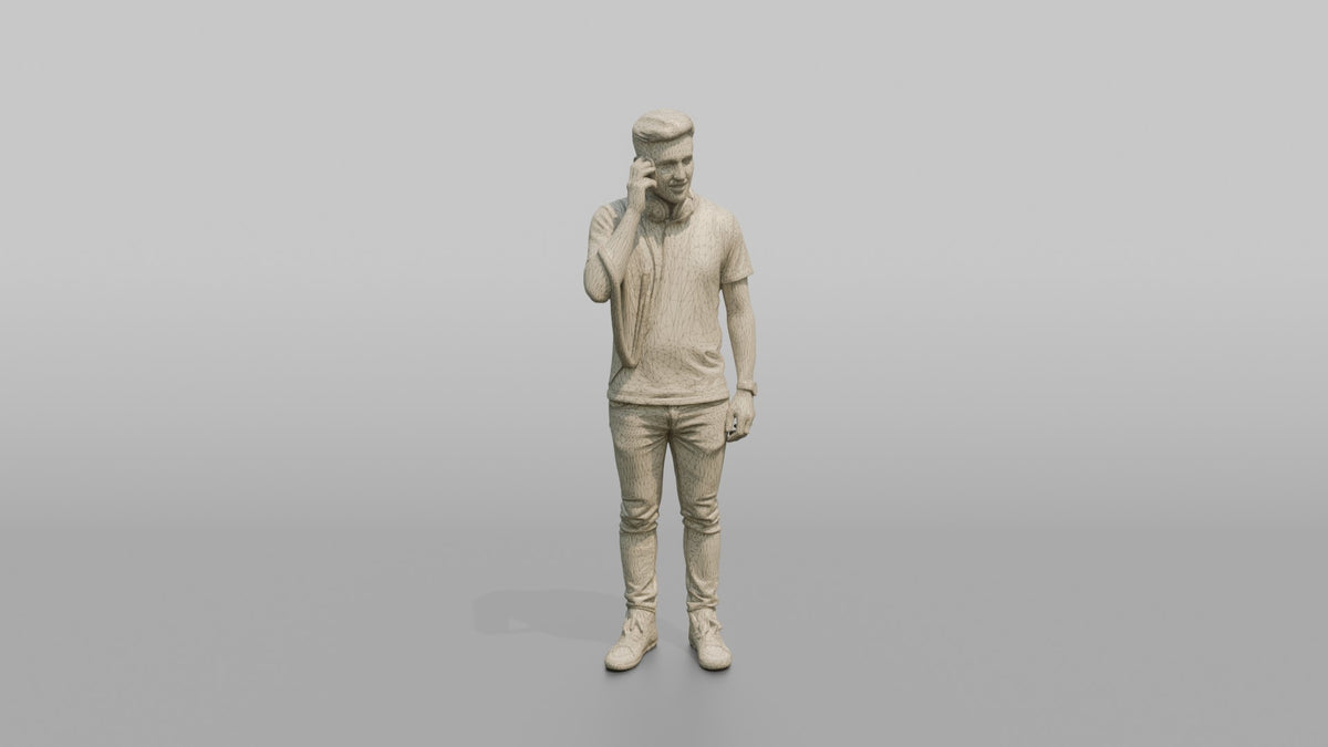 Club DJ Man Holding A Pair Of Headphones Up To One Ear - wireframe topology preview