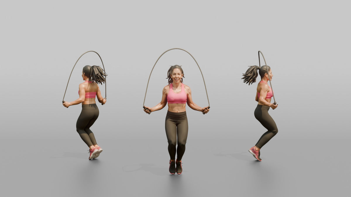 Cardio Athlete Woman Mid-jump With A Jump Rope - 3D character model, view 1
