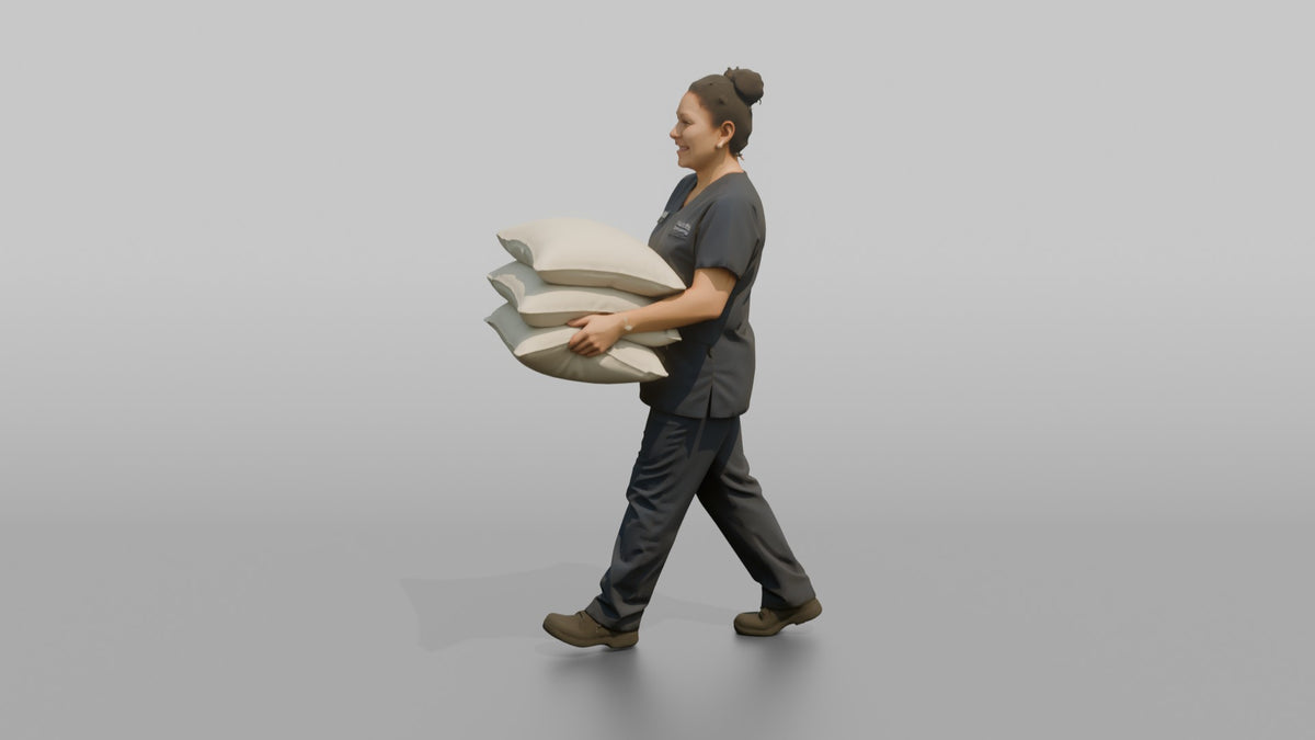 Housekeeping Staff Woman Carrying A Stack Of Pillows - 3D character model, view 4