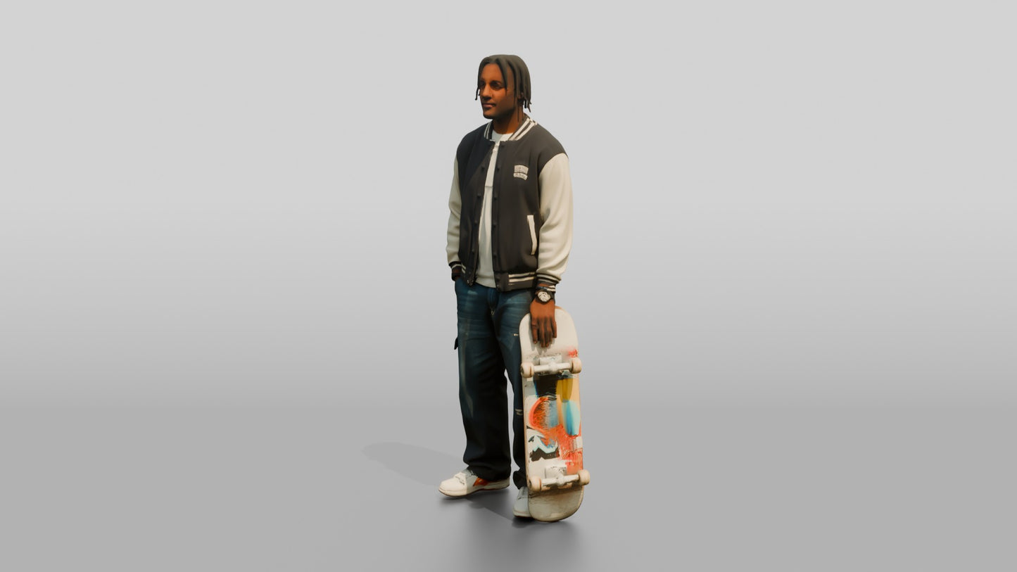 Skater Man in Varsity Jacket with Skateboard