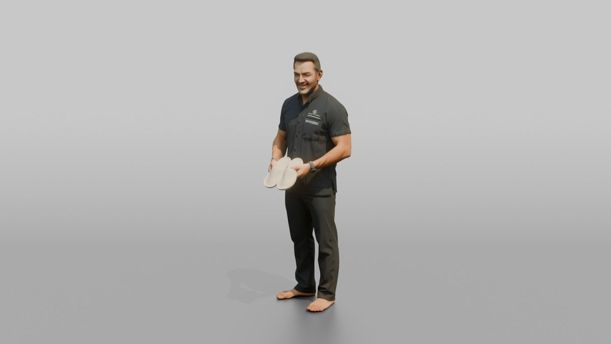 Spa Attendant Man Holding A Pair Of Spa Slippers - 3D character model, view 4