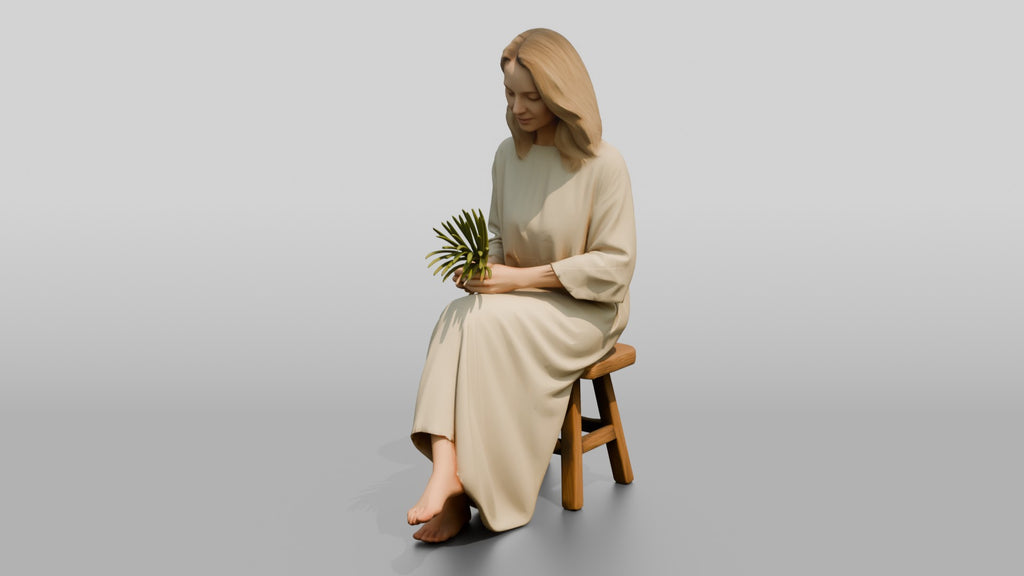 Woman Holding a Palm Leaf on a Chair