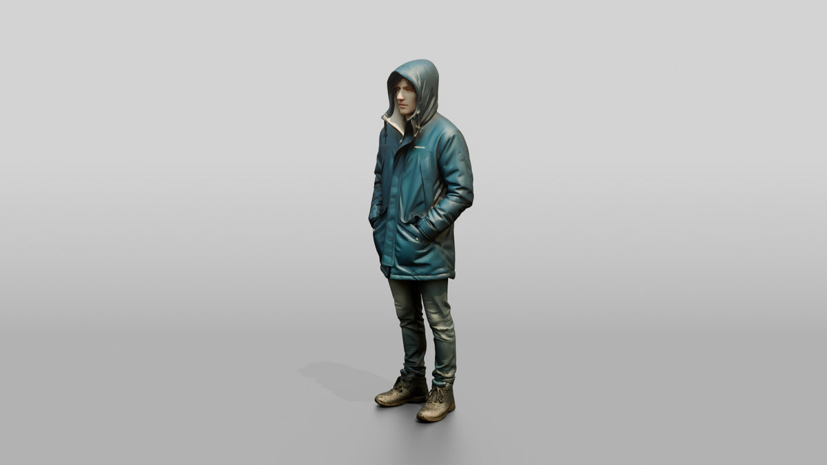 White Man Sheltering in Blue Parka - 3D character model, view 4