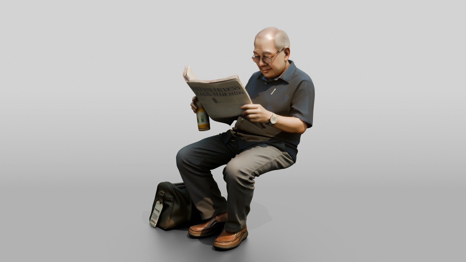 Elderly Asian Man Seated Reading Newspaper with Travel Bag