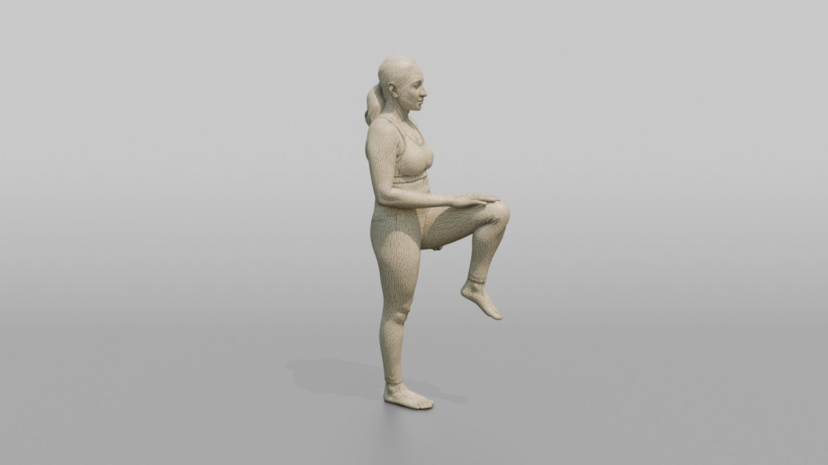 Bodyweight Athlete Woman Doing A Standing Knee Raise - wireframe topology preview
