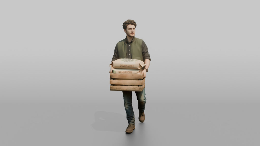 Farmer Carrying Crate Of Animal Feed Bags