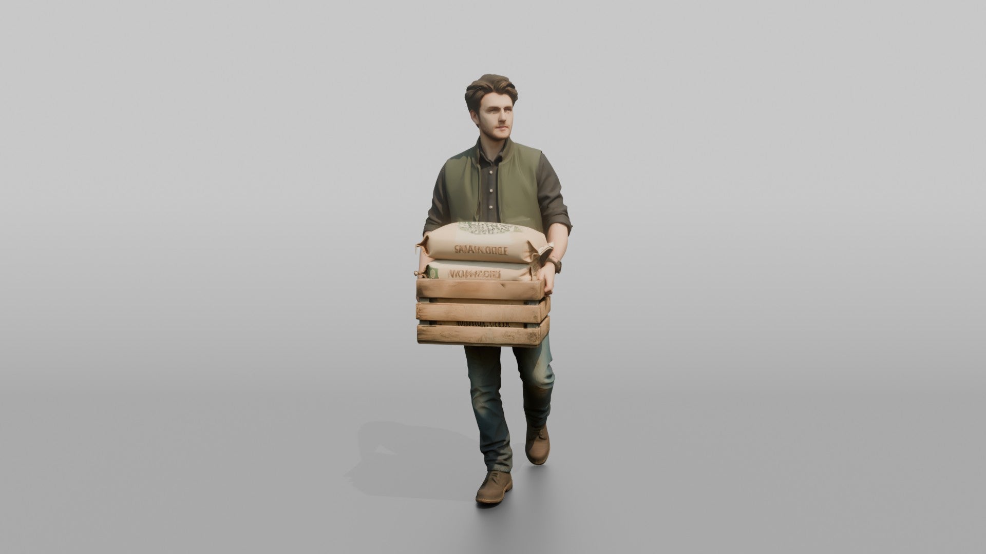 Farmer Carrying Crate Of Animal Feed Bags