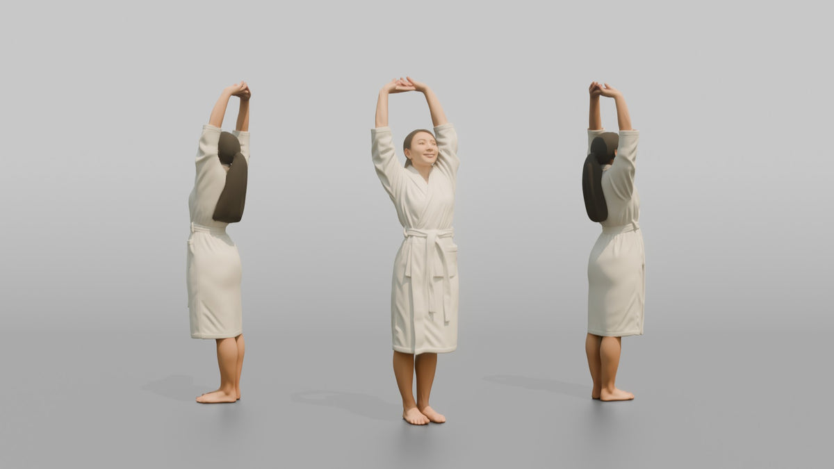 Spa Client Man Standing Stretching Both Arms Overhead In A Robe - 3D character model, view 1
