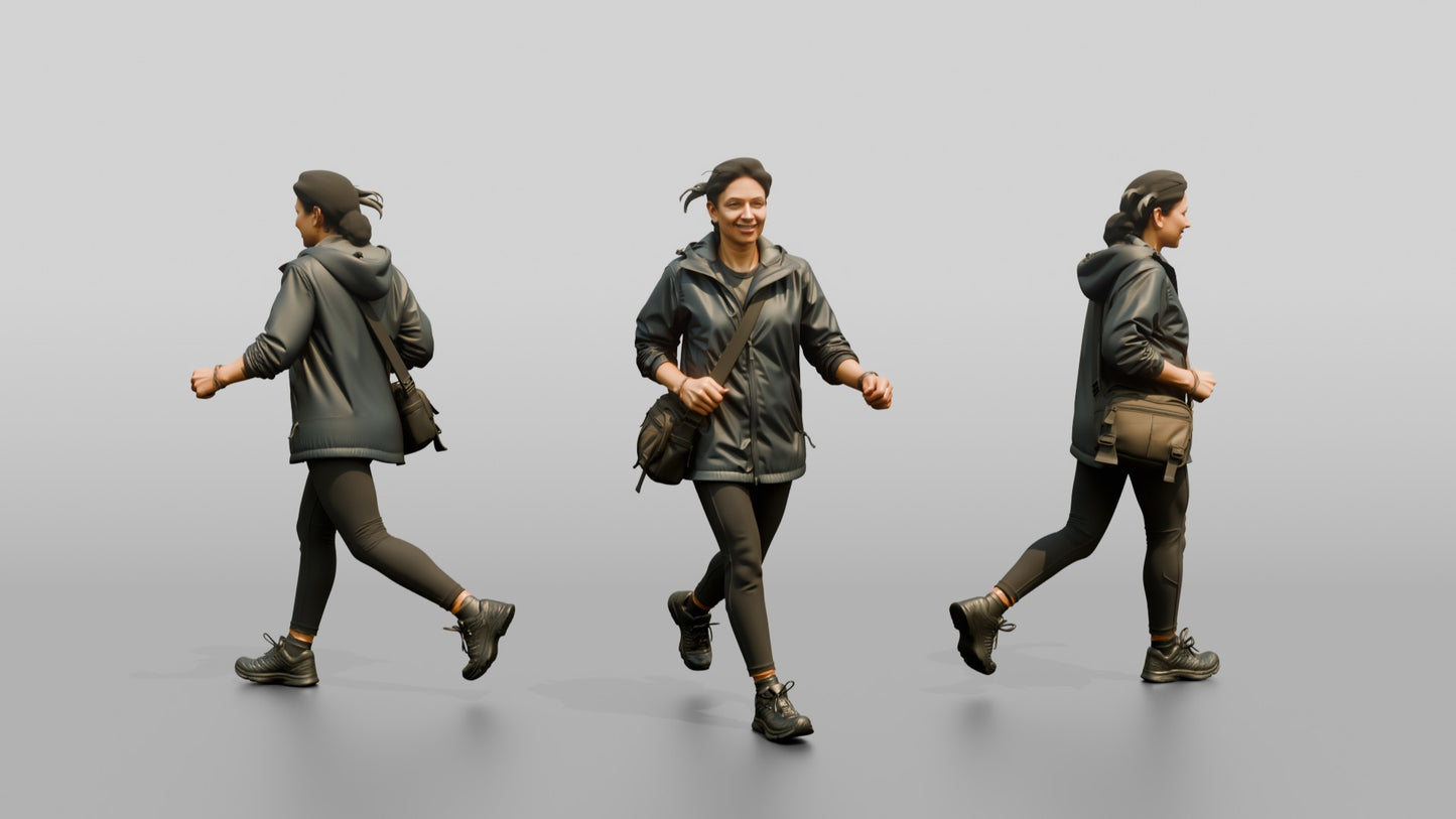 Indian Woman Walking Briskly in Dark Raincoat