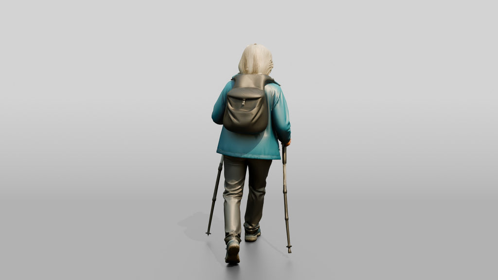 Elderly Chinese Woman Hiking with Trekking Poles