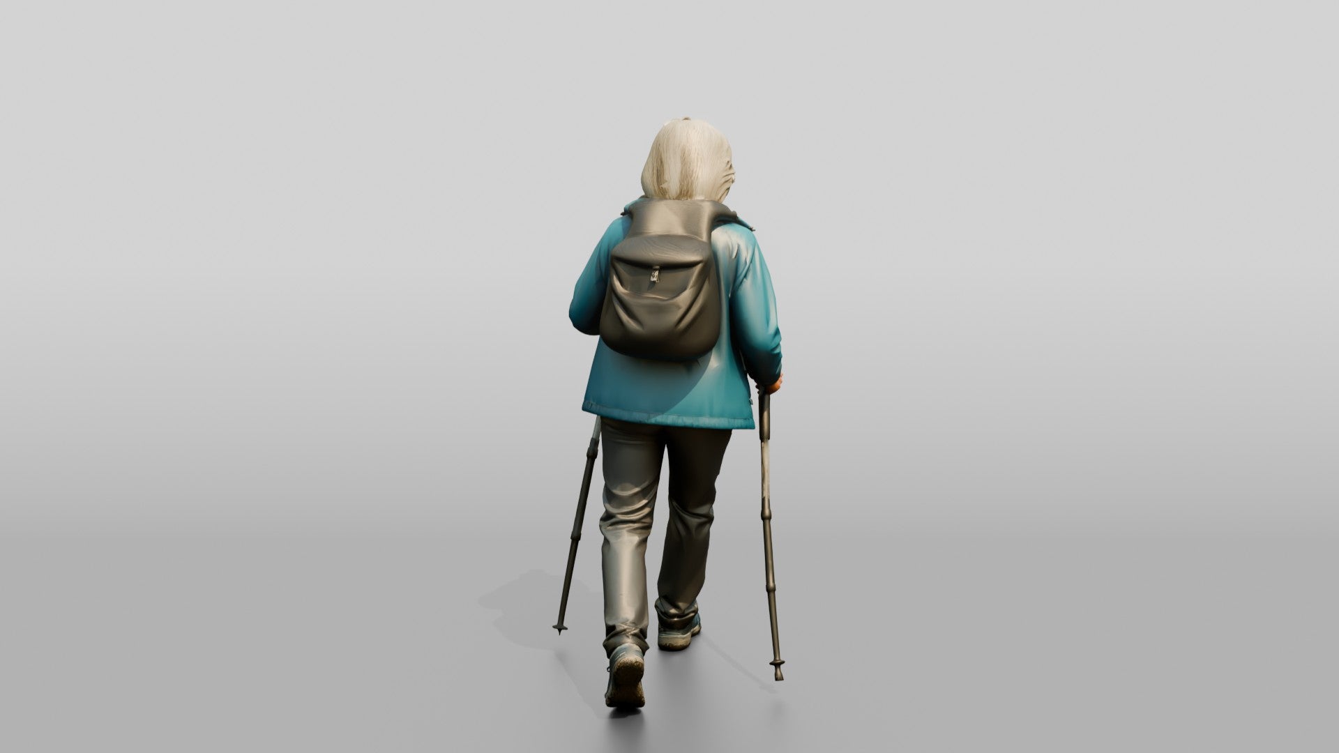 Elderly Chinese Woman Hiking with Trekking Poles