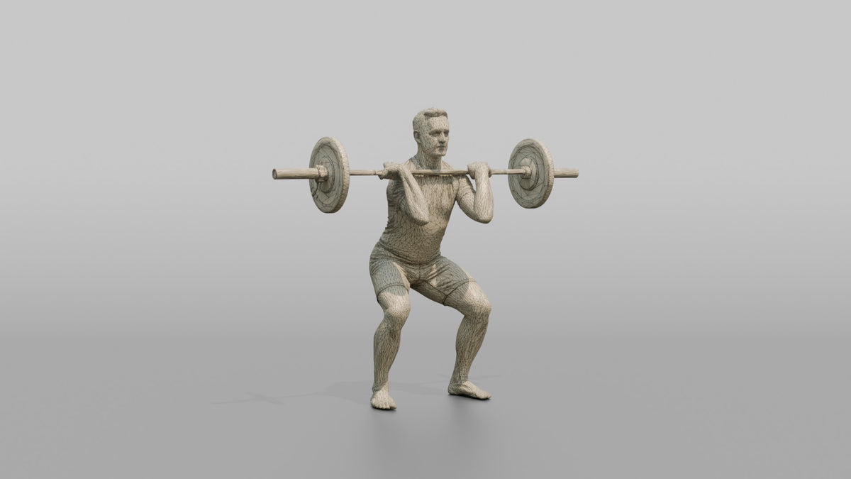 Weightlifter Man Holding A Barbell At Chest Height For A Front Squat - wireframe topology preview